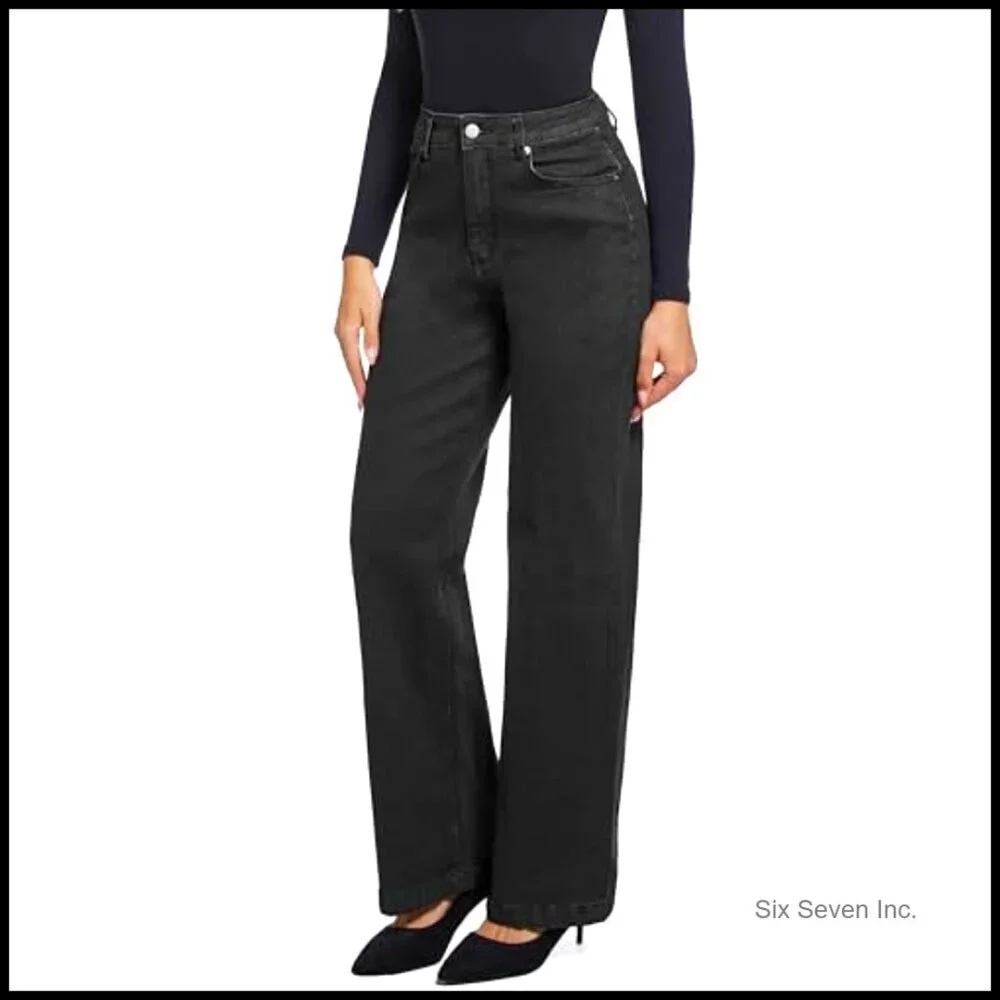 Straight Leg High Waisted Stretch Jeans Pull On Casual Chic Classic Fit